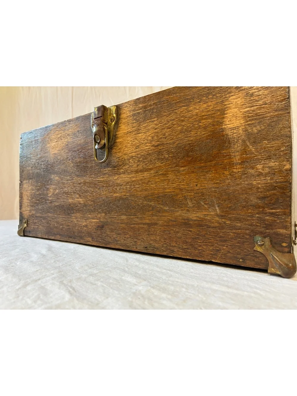 Vintage Wooden Storage Box with Brass Hardware and Corner Protectors